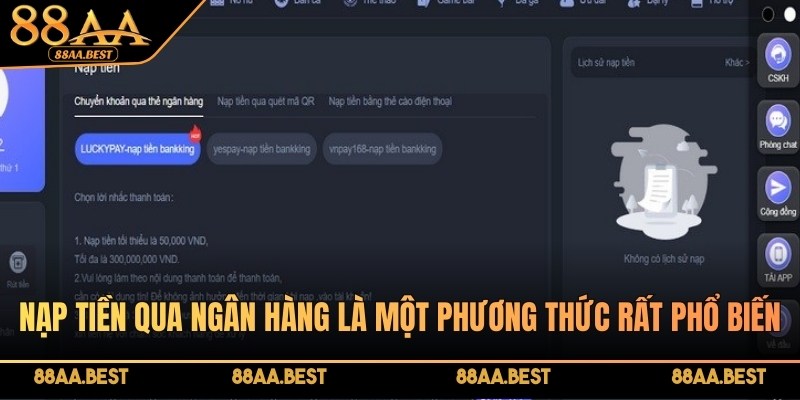 Nạp Tiền 88AA – Hướng Dẫn Thanh Toán An Toàn, Chi Tiết 2 Nạp tiền 88AA qua ngân hàng