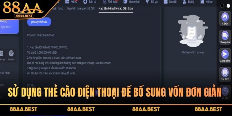 Nạp Tiền 88AA – Hướng Dẫn Thanh Toán An Toàn, Chi Tiết 3 nạp tiền 88AA bằng thẻ cào điện thoại